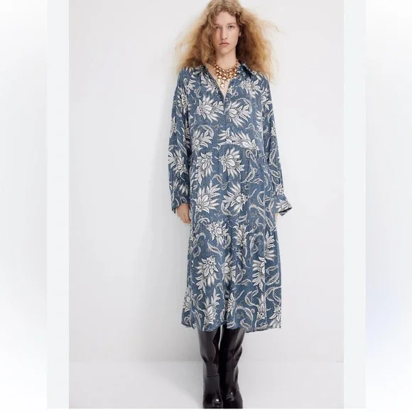 H&M Blue and White Paisley Drop-Waist Shirt Dress - Picture 1 of 5